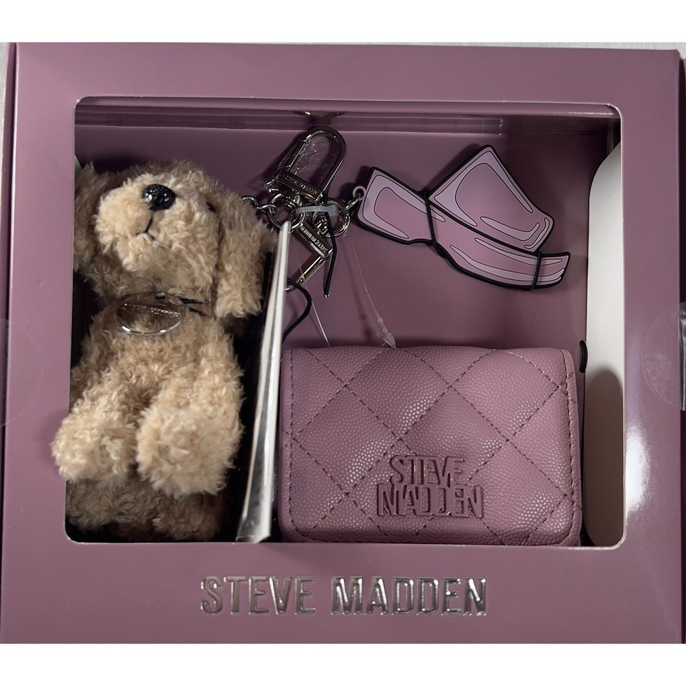 Steve Madden Bwren Card Case And Bag Charms‎ Dog Gift Set Cosmetic Pink Quilted